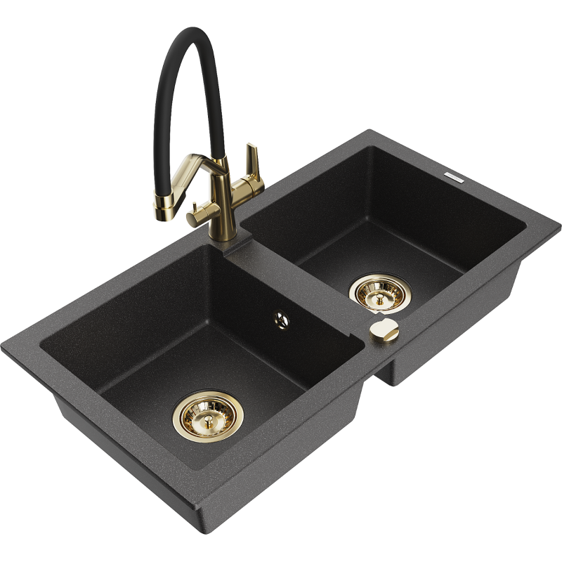 Mexen Mario fregadero de granito de 2 senos con grifo de cocina Duo, negro moteado - 6504-76-671701-57-G