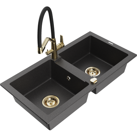 Mexen Mario granite double-bowl sink with Duo kitchen tap, black speckled - 6504-76-671701-57-G