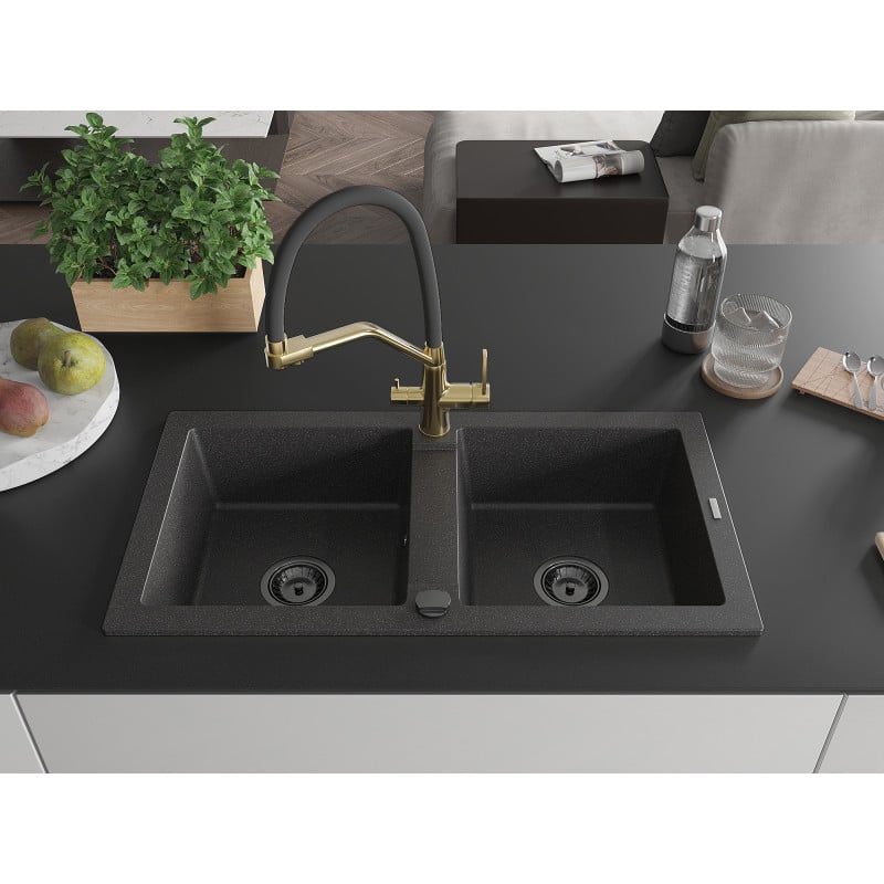Mexen Mario fregadero de granito de 2 senos con grifo de cocina Duo, negro moteado - 6504-76-671701-57-B