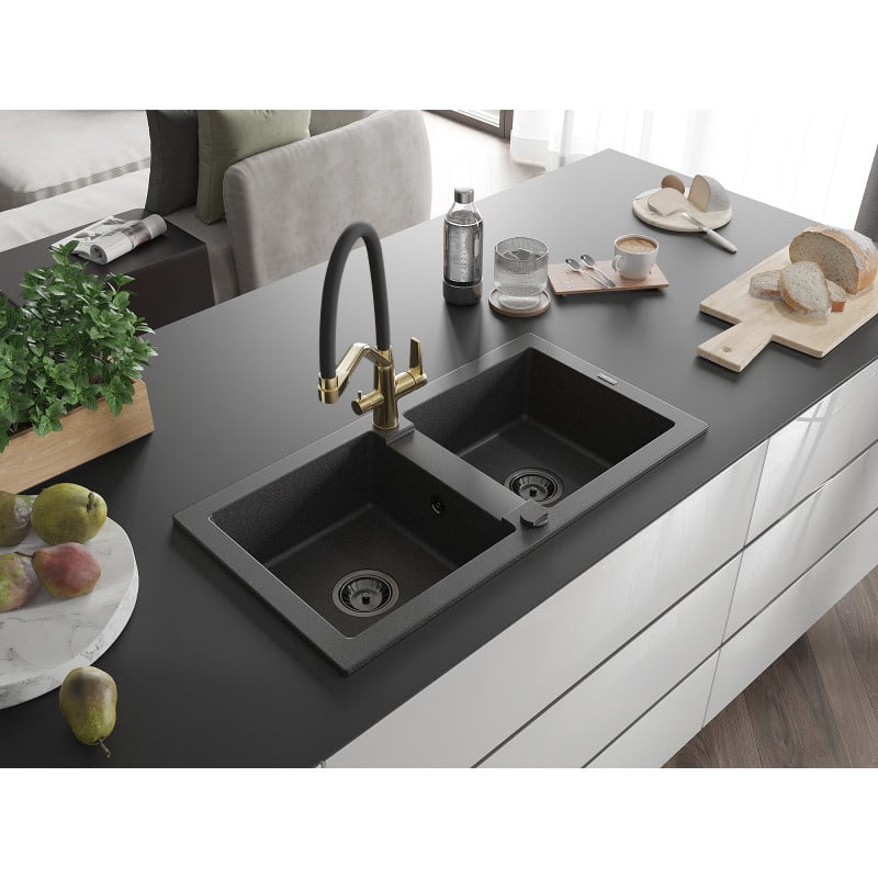 Mexen Mario fregadero de granito de 2 senos con grifo de cocina Duo, negro moteado - 6504-76-671701-57-B
