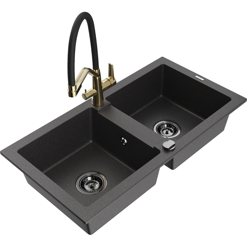 Mexen Mario 2-bowl granite sink with Duo kitchen tap, speckled black - 6504-76-671701-57-B