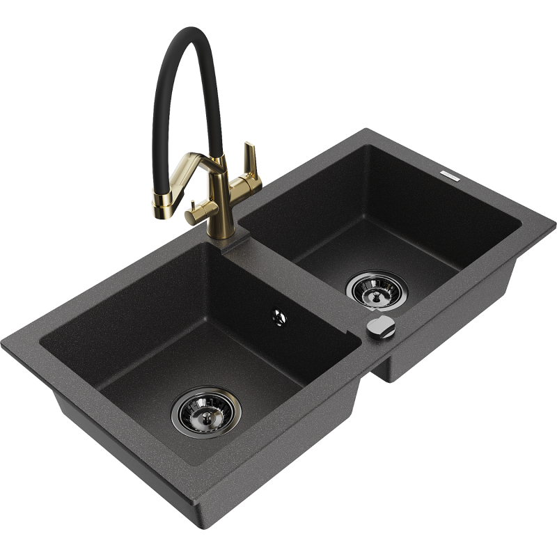 Mexen Mario fregadero de granito de 2 senos con grifo de cocina Duo, negro moteado - 6504-76-671701-57-B