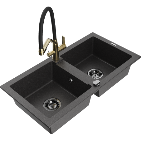 Mexen Mario 2-bowl granite sink with Duo kitchen tap, speckled black - 6504-76-671701-57-B