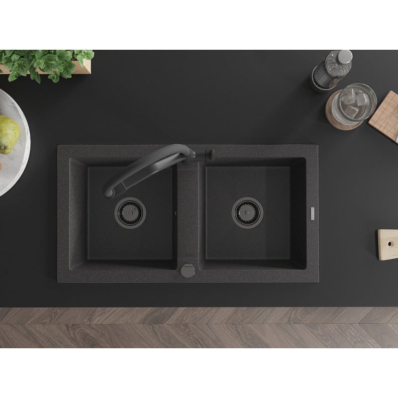 Mexen Mario fregadero de granito de 2 cámaras con grifo de cocina Duo, negro moteado - 6504-76-671701-70-B