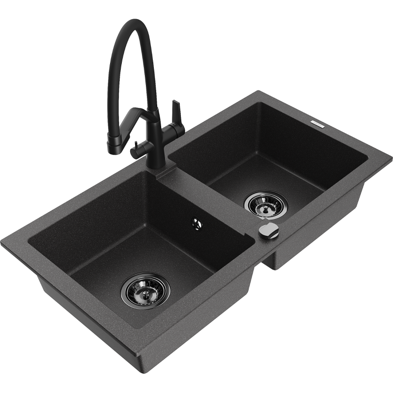 Mexen Mario Granite 2-Bowl Kitchen Sink with Duo Tap, Black Speckled - 6504-76-671701-70-B