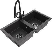 Mexen Mario 2-bowl granite kitchen sink with Duo faucet, black speckled - 6504-76-671701-70-B