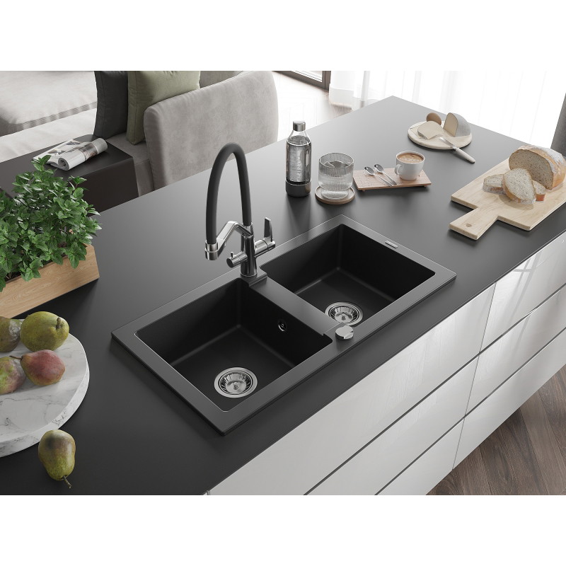 Mexen Mario fregadero de granito de 2 senos con grifo de cocina Duo, negro - 6504-77-671701-07