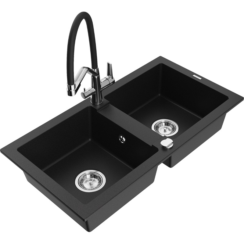 Mexen Mario fregadero de granito de 2 compartimentos con grifo de cocina Duo, negro - 6504-77-671701-07