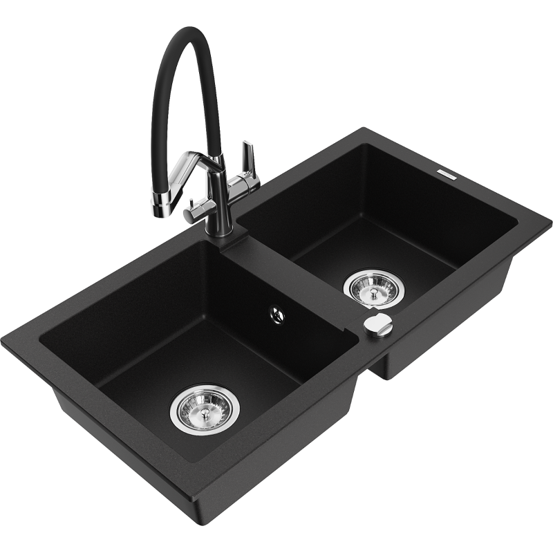 Mexen Mario lava-loiça em granito de 2 cubas com torneira de cozinha Duo, preto - 6504-77-671701-07