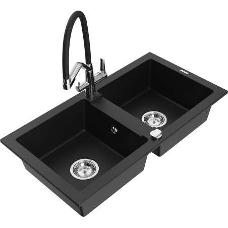 Mexen Mario fregadero de granito de 2 compartimentos con grifo de cocina Duo, negro - 6504-77-671701-07