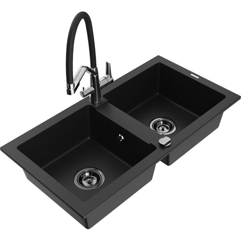 Mexen Mario fregadero de granito de 2 compartimentos con grifo de cocina Duo, negro - 6504-77-671701-07-B