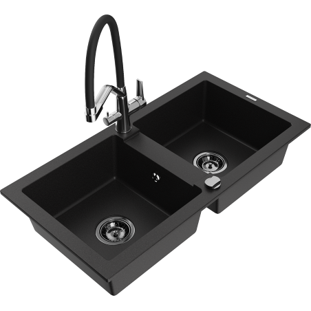 Mexen Mario granite kitchen sink, 2-bowl with Duo kitchen tap, black - 6504-77-671701-07-B