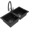 Mexen Mario granite kitchen sink, 2-bowl with Duo kitchen tap, black - 6504-77-671701-07-B