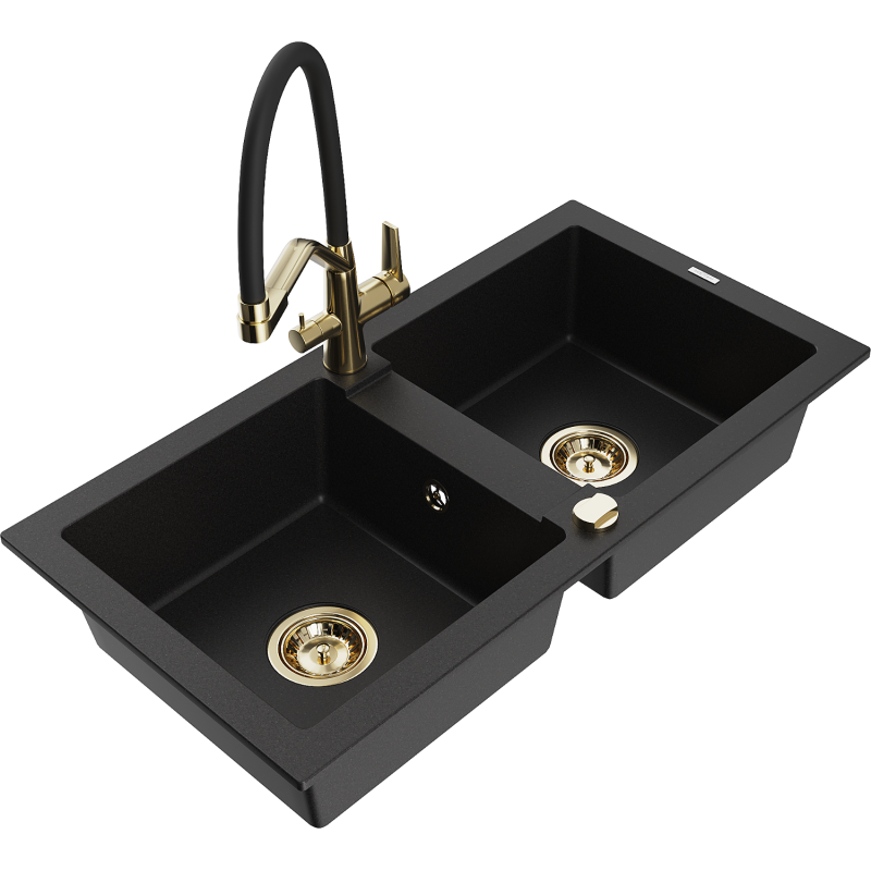 Mexen Mario fregadero de granito de 2 compartimentos con grifo de cocina Duo, negro - 6504-77-671701-57-G