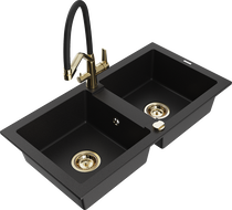 Mexen Mario Granit-Spullsteen mat 2 Komoren mat Kichenarmatur Duo, schwaarz - 6504-77-671701-57-G