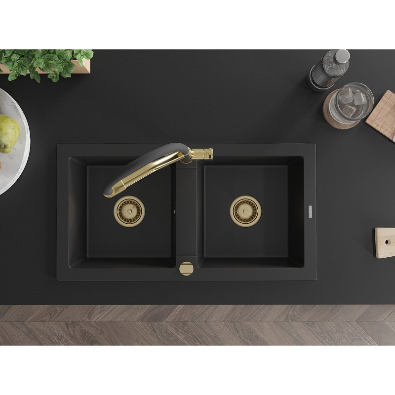 Mexen Mario fregadero de granito de 2 senos con grifo de cocina Duo, negro - 6504-77-671701-57-G