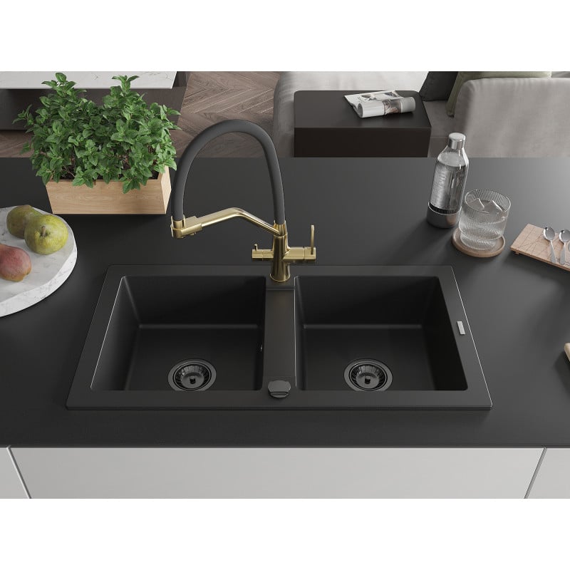 Mexen Mario fregadero de granito de 2 senos con grifo de cocina Duo, negro - 6504-77-671701-57-B