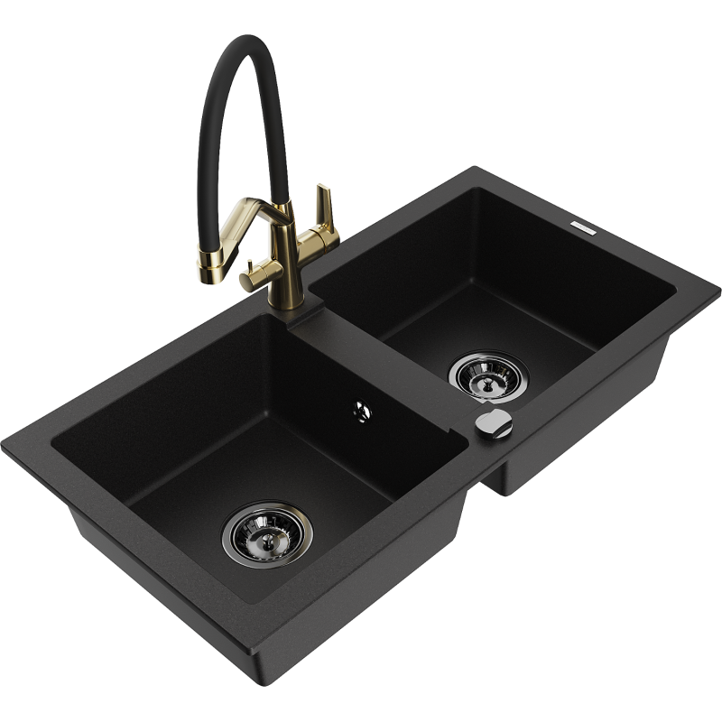 Mexen Mario fregadero de granito de 2 senos con grifo de cocina Duo, negro - 6504-77-671701-57-B