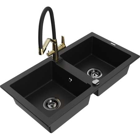 Mexen Mario fregadero de granito de 2 compartimientos con grifo de cocina Duo, negro - 6504-77-671701-57-B