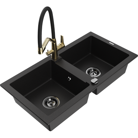 Mexen Mario granitā izlietne ar 2 nodalījumiem un virtuves jaucējkrānu Duo, melns - 6504-77-671701-57-B