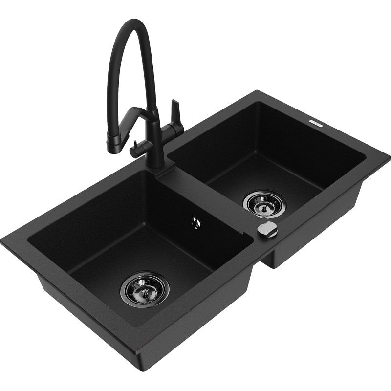 Mexen Mario fregadero de granito de 2 senos con grifo de cocina Duo, negro - 6504-77-671701-70-B