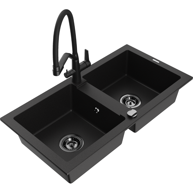 Mexen Mario lavello in granito a 2 vasche con miscelatore Duo, nero - 6504-77-671701-70-B