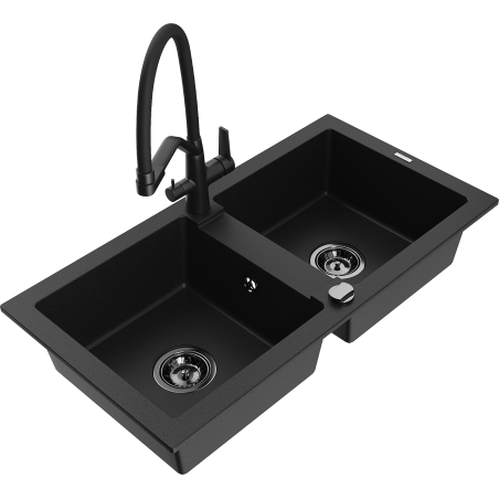 Mexen Mario granite sink 2-chamber with Duo kitchen tap, black - 6504-77-671701-70-B