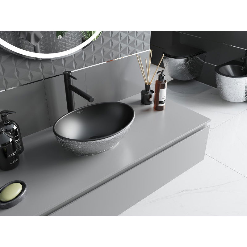 Mexen Elza lavabo da appoggio 40 x 33 cm, nero opaco/motivo squame argento - 21014022