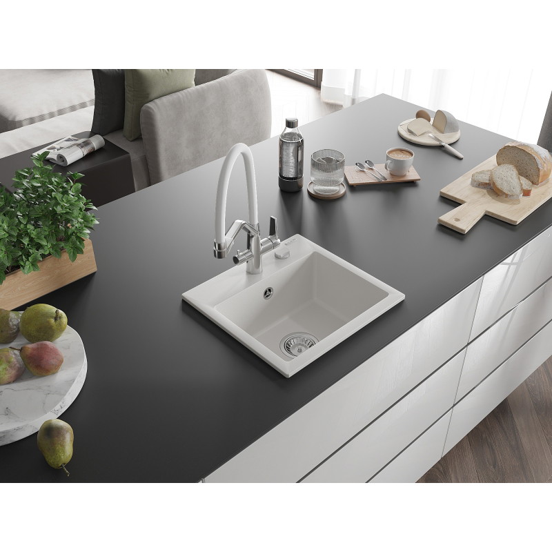 Mexen Milo 1-bowl granite sink with Duo kitchen faucet, white - 6505-20-671701-02