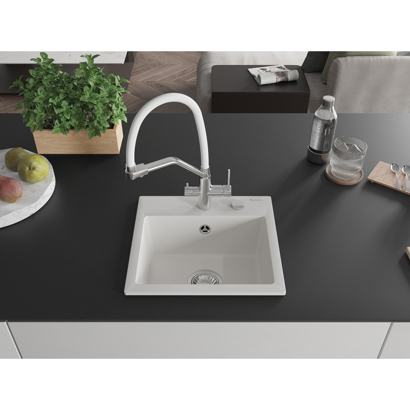Mexen Milo 1-bowl granite sink with Duo kitchen faucet, white - 6505-20-671701-02