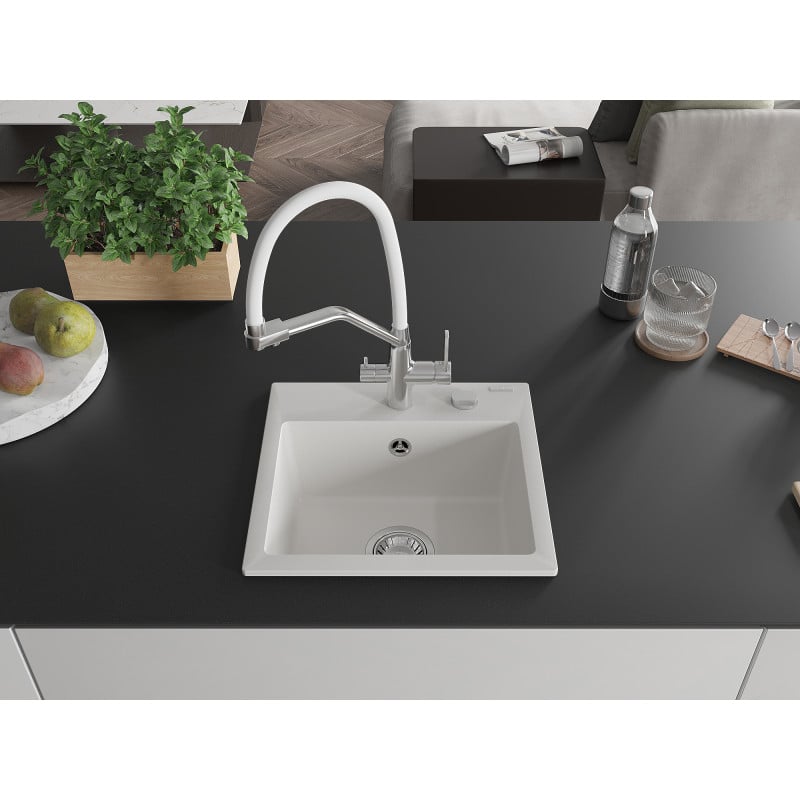 Mexen Milo granite sink 1-bowl with Duo kitchen tap, white - 6505-20-671701-02
