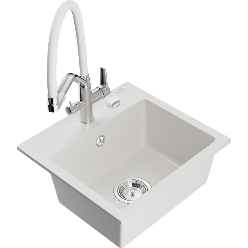 Mexen Milo 1-bowl granite sink with Duo kitchen faucet, white - 6505-20-671701-02
