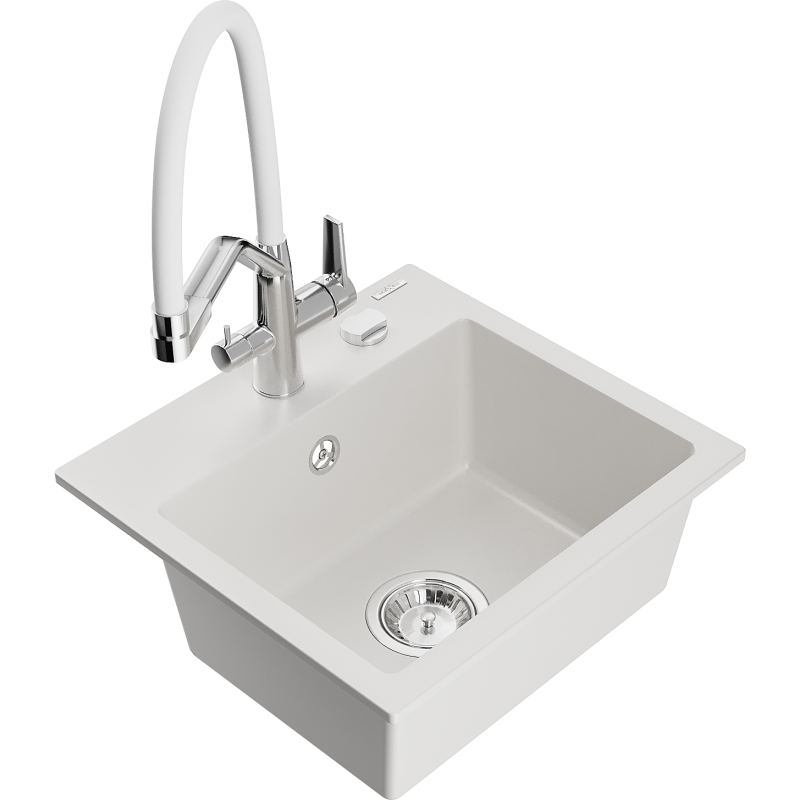 Mexen Milo fregadero de granito de 1 cuba con grifo de cocina Duo, blanco - 6505-20-671701-02