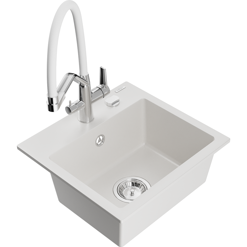 Mexen Milo granite sink 1-bowl with Duo kitchen tap, white - 6505-20-671701-02
