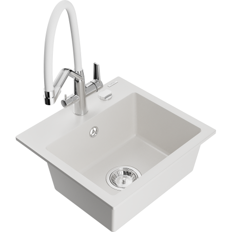 Mexen Milo 1-bowl granite sink with Duo kitchen faucet, white - 6505-20-671701-02