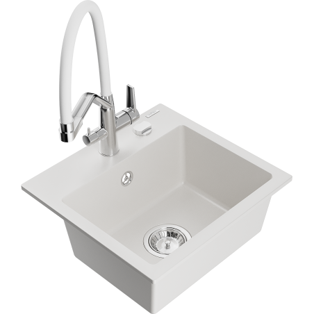 Mexen Milo évier de cuisine en granit à 1 bac avec mitigeur Duo, blanc - 6505-20-671701-02