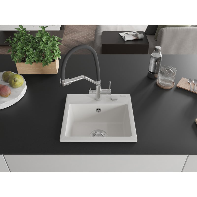 Mexen Milo 1-kammioinen graniittinen pesuallas keittiöhanalla Duo, valkoinen - 6505-20-671701-07