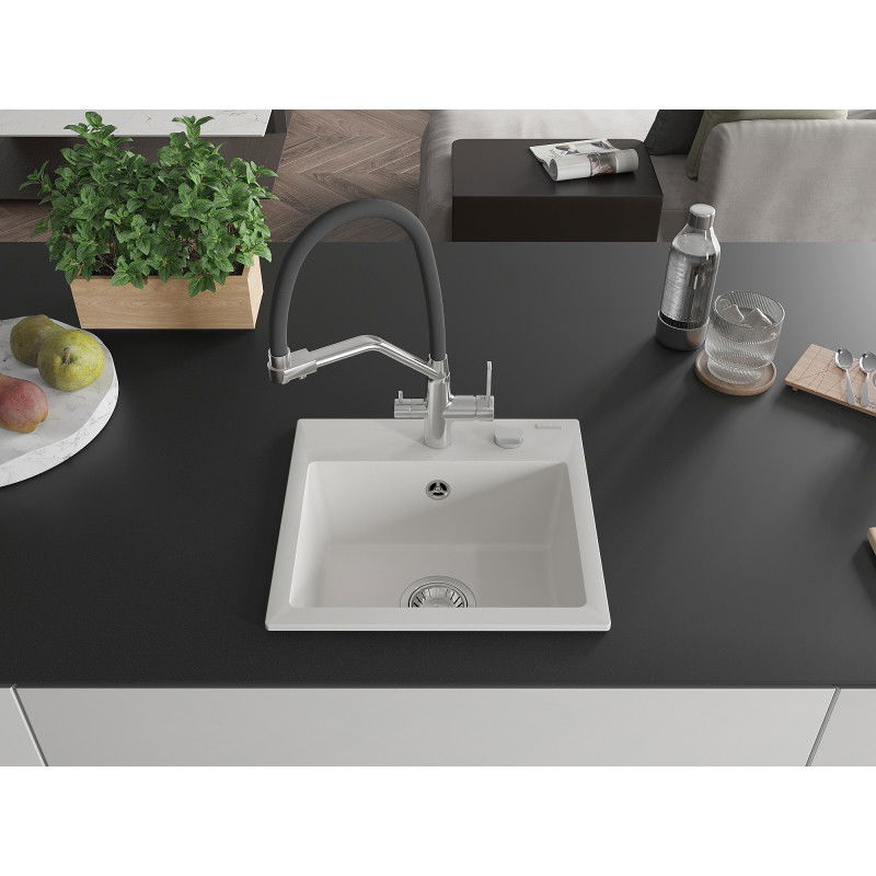 Mexen Milo fregadero de cocina de granito de 1 cubeta con grifo Duo, blanco - 6505-20-671701-07