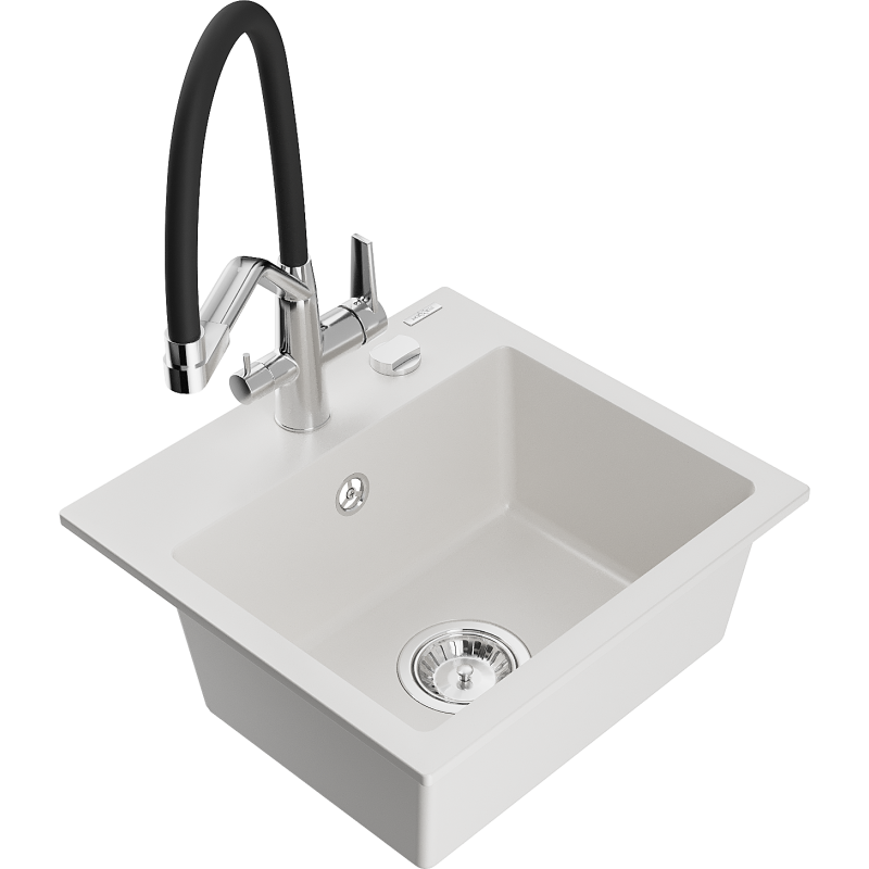 Mexen Milo 1-kammioinen graniittinen pesuallas keittiöhanalla Duo, valkoinen - 6505-20-671701-07