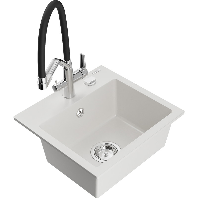 Mexen Milo fregadero de granito de 1 seno con grifo de cocina Duo, blanco - 6505-20-671701-07