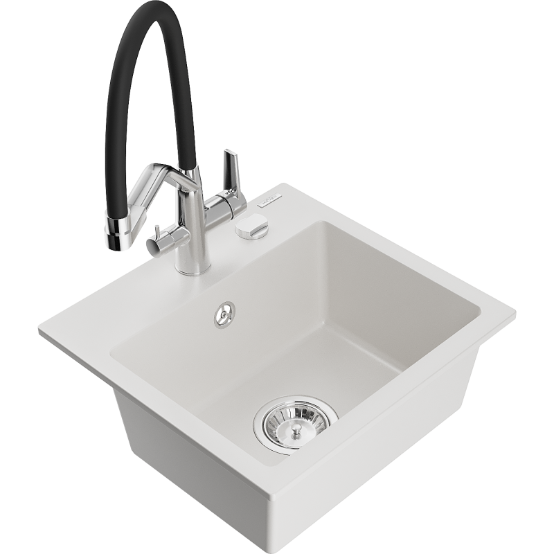 Mexen Milo granite kitchen sink 1-bowl with Duo kitchen tap, white - 6505-20-671701-07
