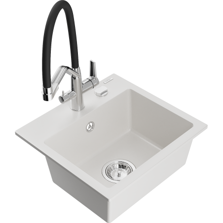 Mexen Milo granitais izlietne ar vienu nodalījumu un virtuves jaucējkrānu Duo, balta - 6505-20-671701-07