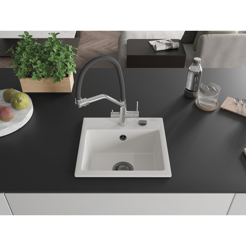 Mexen Milo 1-bowl granite sink with Duo kitchen faucet, white - 6505-20-671701-07-B