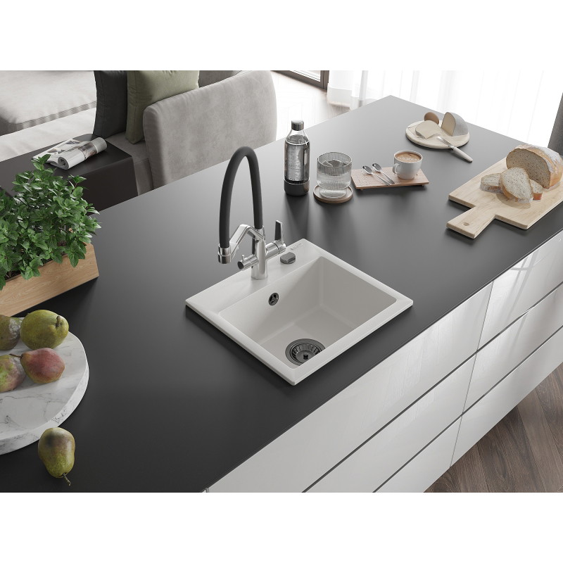 Mexen Milo 1-bowl granite sink with Duo kitchen faucet, white - 6505-20-671701-07-B