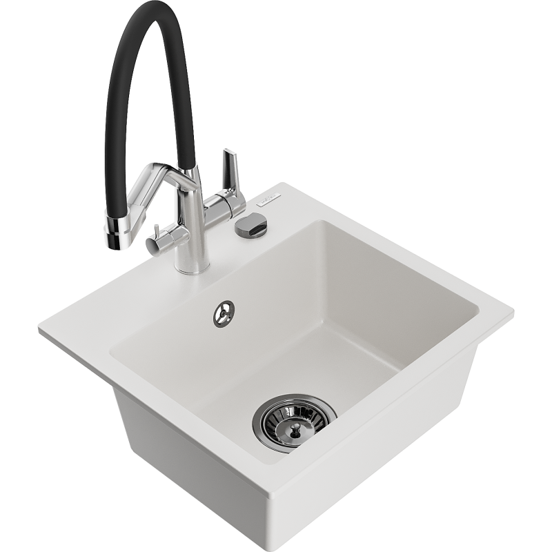 Mexen Milo 1-bowl granite kitchen sink with Duo tap, white - 6505-20-671701-07-B