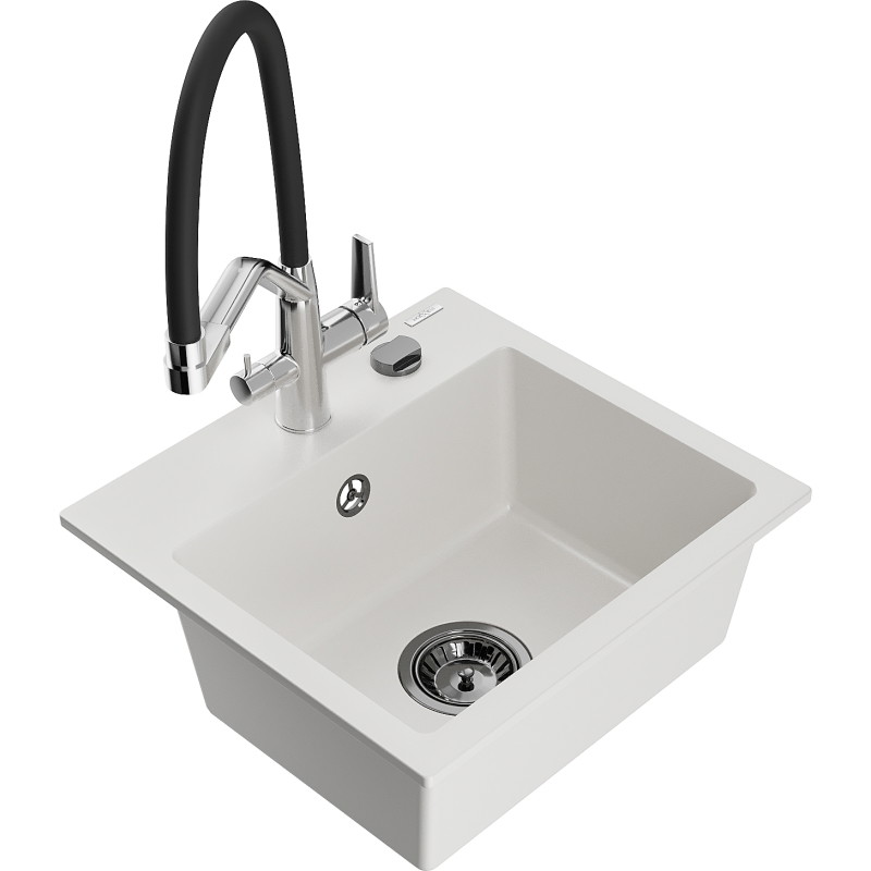 Mexen Milo 1-bowl granite sink with Duo kitchen faucet, white - 6505-20-671701-07-B