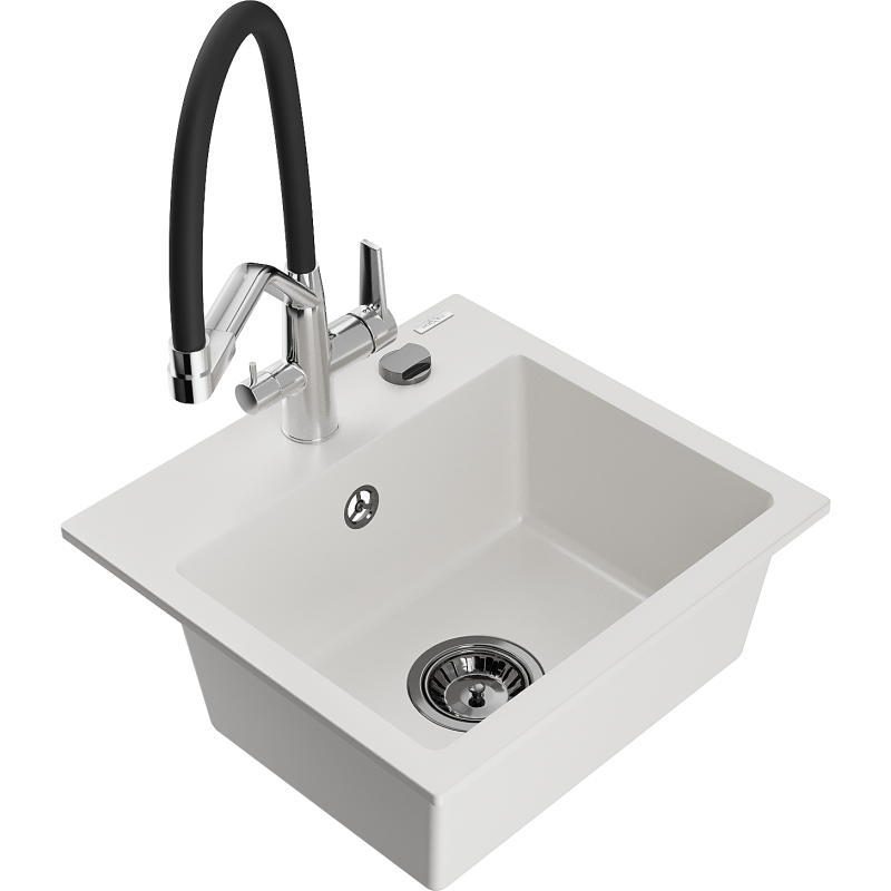 Mexen Milo fregadero de granito de 1 seno con grifo de cocina Duo, blanco - 6505-20-671701-07-B