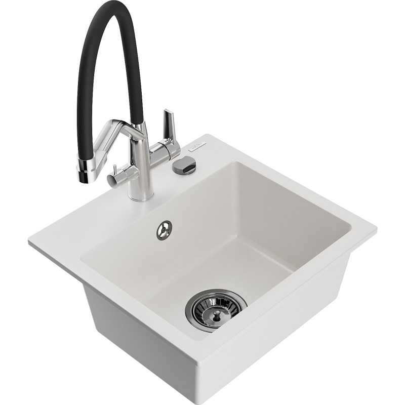 Mexen Milo granit diskbänk med 1 skål med Duo köksblandare, vit - 6505-20-671701-07-B