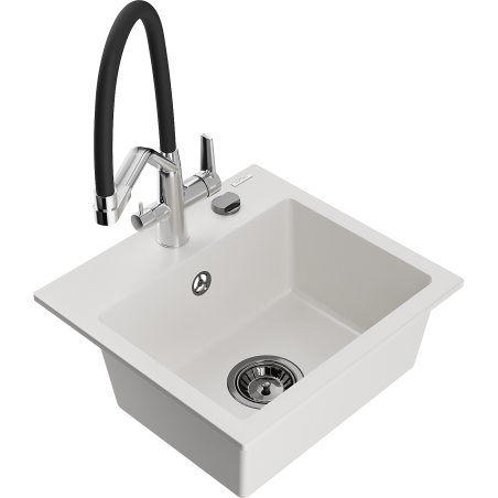 Mexen Milo 1-bowl granite sink with Duo kitchen faucet, white - 6505-20-671701-07-B