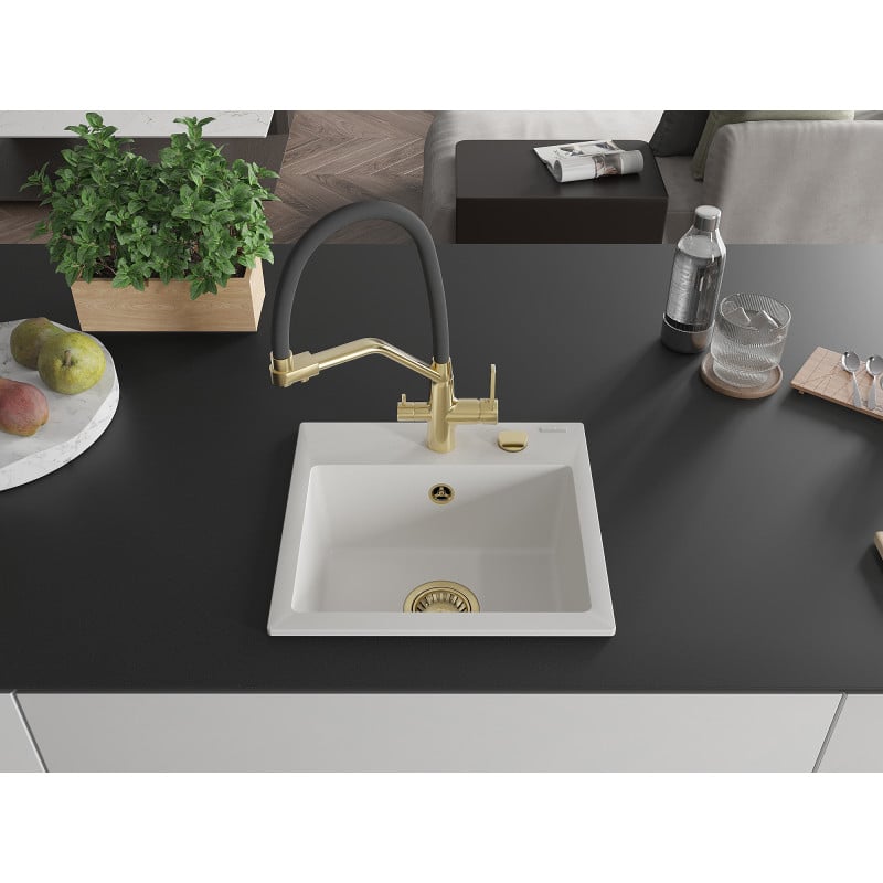 Mexen Milo lava-louça de granito de 1 cuba com torneira de cozinha Duo, branco - 6505-20-671701-57-G